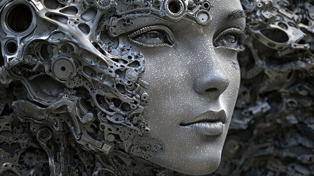 Close up rendering of female robot head, showcasing intricate details made from metallic components, exuding futuristic and artistic vibe