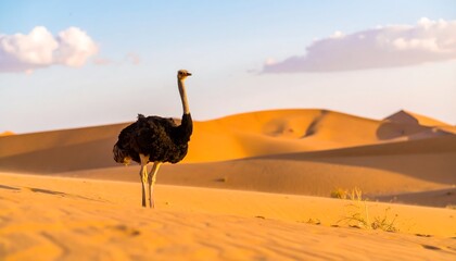 Ostrich in golden desert landscape