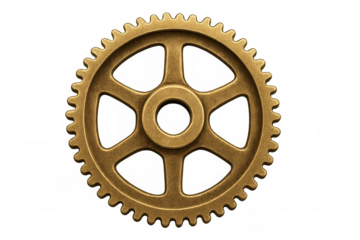 Close-up of a golden metallic gear rotating smoothly, isolated on a transparent background, ideal for industrial or mechanical concepts
