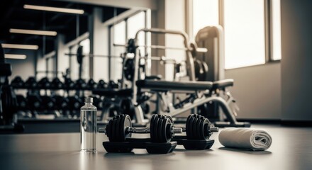 Fototapeta premium Gym Equipment with Dumbbells Water Bottle and Towel in Fitness Center