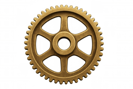 Close-up of a golden metallic gear rotating smoothly, isolated on a transparent background, ideal for industrial or mechanical concepts