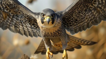 Peregrine falcon in flight with wings spread wide, showcasing its powerful wings and sharp talons, capturing the essence of avian agility and grace