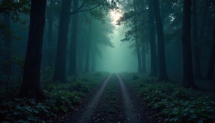 Mysterious Forest Path Winding Road Through Misty Shadows, Perfect for Thriller, Horror, and Mystery Projects. Eerie Atmosphere, Suspenseful Scene.