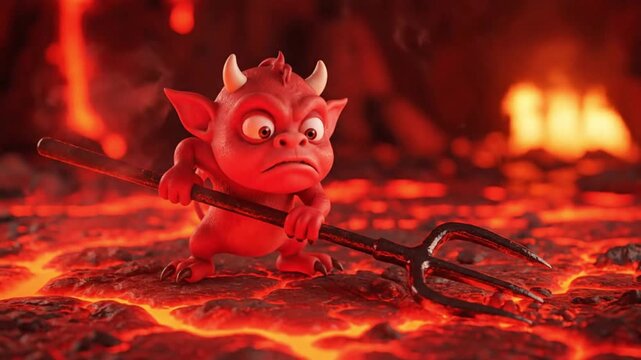 cute cartoon devil character holding trident on molten lava
