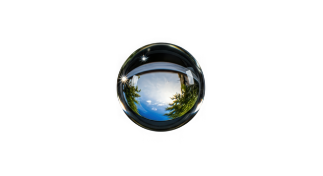 Crystal sphere capturing serene landscape with blue sky trees and sunlit water reflecting nature's beauty transparent background