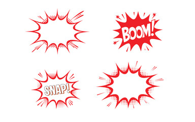 Comic pop art bursts display red halftone textures and words on white background with transparency