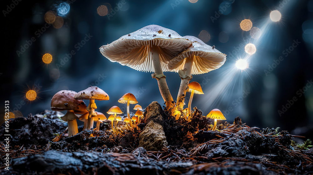Poster magical nighttime scene in dark forest illuminated by glowing mushrooms, creating enchanting atmosph