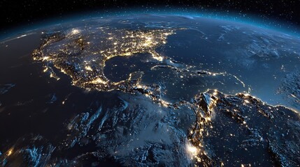 Fototapeta premium Panoramic view of Earth from space—highlights Americas (central, eastern) with glowing city lights, dark blue background contrasts bright urban areas; close-up on Central America & Mexico border