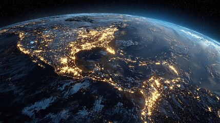 Fototapeta premium Panoramic view of Earth from space—highlights Americas (central, eastern) with glowing city lights, dark blue background contrasts bright urban areas; close-up on Central America & Mexico border