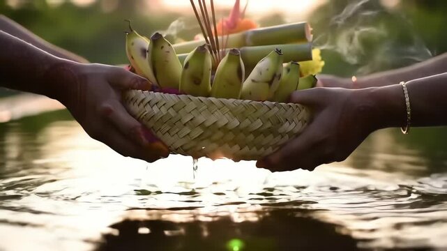 Chhath Puja Offering to the Sun God A Basket of Fruits and Incense