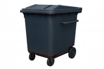3d rendering of a large, dark gray plastic garbage container on wheels, isolated on a transparent background, ideal for composting or waste management projects