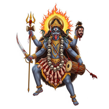 Kali Mata fierce avatar with Trishul and fire aura on white background