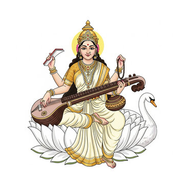 Saraswati Maa with veena and swan illustration on white background