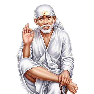 Shirdi Sai Baba in blessing pose on simple white background