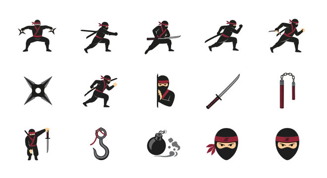 A dynamic collection of flat design ninja icons, illustrating various stealthy warrior poses and traditional martial arts weapons for action-themed graphic projects