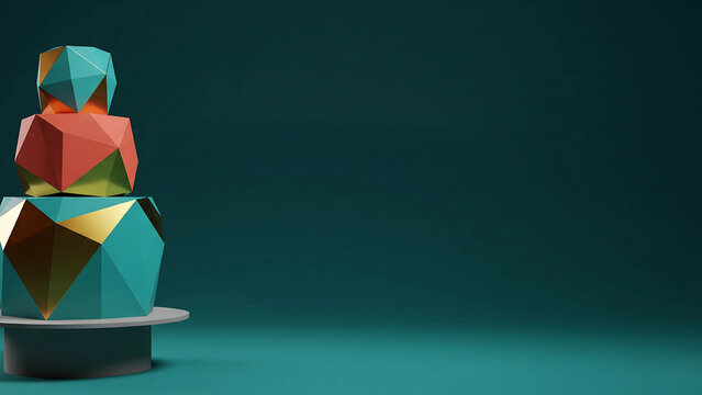 Geometric stacked gift boxes on teal — modern low-poly birthday decoration