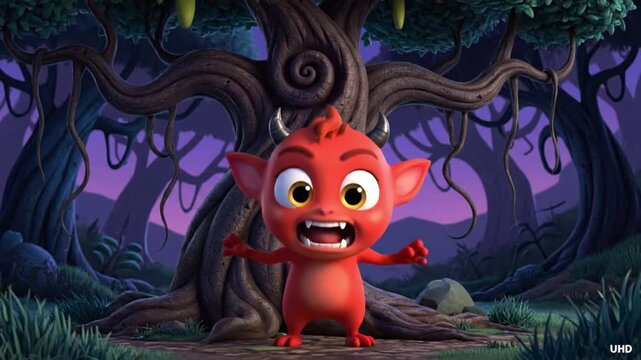 cute red devil character expressing emotions fantasy forest