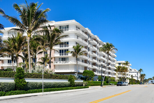 Oceanfront condos and apartments lining Ocean Blvd at Palm Beach in Palm Beach County, Florida. 