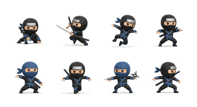 Ninja Warrior Icons A Collection of Cartoon Ninjas in Various Poses and Actions