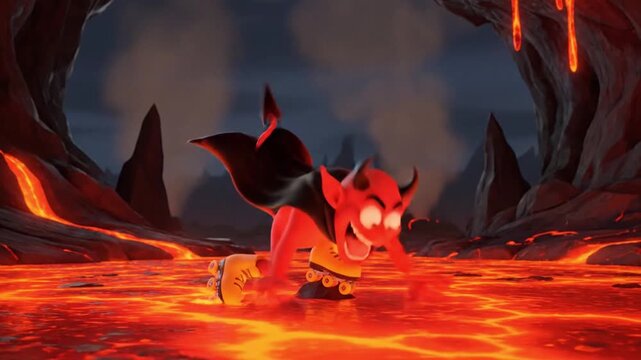 cartoon devil roller skating on molten lava fun