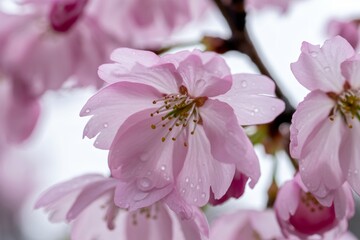 A close-up shot of delicate pink cherry blossoms covered in small water droplets, likely from rain or dew.