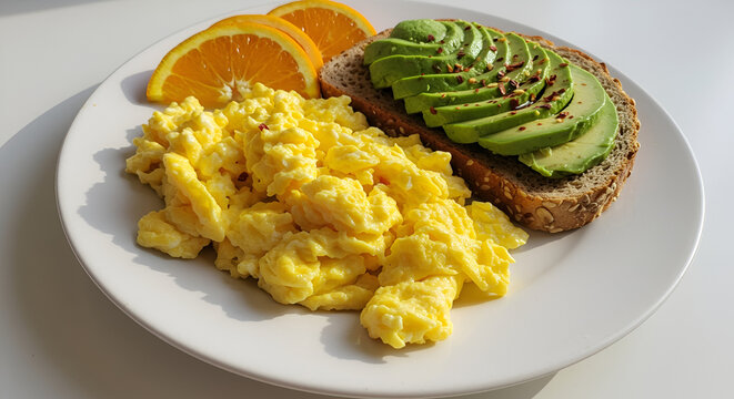 A breakfast plate with scrambled eggs, avocado toast, and orange slices.
