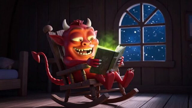 cute devil reads magical glowing book in cozy room