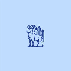 Big horn goat with city buildings line art minimalist logo design.