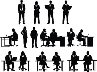Business team silhouettes, corporate people working, office staff teamwork, professional men and women, workplace communication, executive meeting, laptop use, business attire