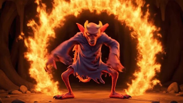 animated red devil monster emerging from fiery hell cave