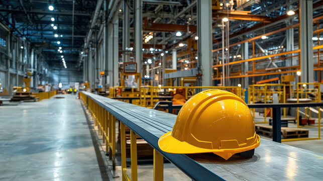 Safe and clean workplace featuring yellow hard hat on metal railing in spacious industrial environment