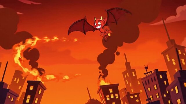 cartoon devil causes city fire inferno animation