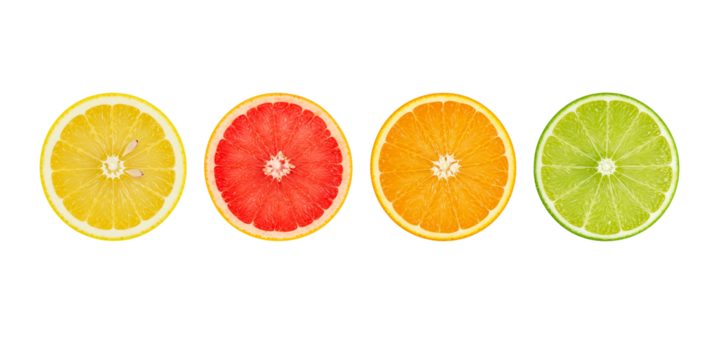 Four sliced citrus fruits arranged in a row on a transparent background - Powered by Adobe