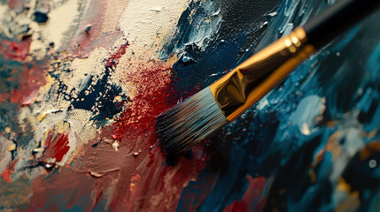 Fototapeta premium Brush applies vibrant paint to textured canvas, creating dynamic blend of colors and emotions. artwork captures essence of creativity