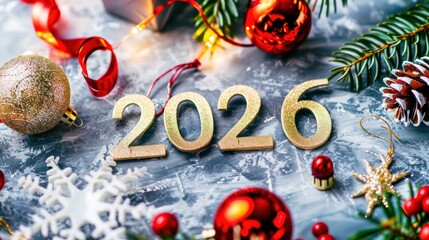 Festive Christmas Decorations with Golden 2026 Numbers on Snowy Background
