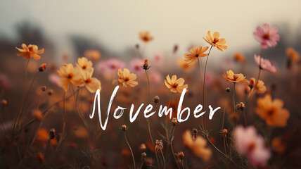 11月を象徴する美しい花々と秋の自然の風景を背景に「November」の文字がデザインされた幻想的なイメージ写真、秋の季節感と自然美を感じられる高品質な写真素材