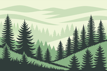 Fototapeta premium A monochrome landscape with silhouettes of fir trees covers gently sloping hills and valleys