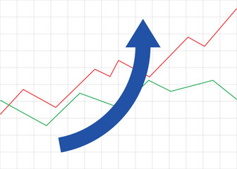 Curved Blue Business Arrow Graph Pointing Up on Grid Background with Two Line Graph Representing Profit, Progress, Growth, and Success