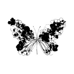 Naklejka premium A black and white butterfly illustration composed of flowers and delicate lines on a white background