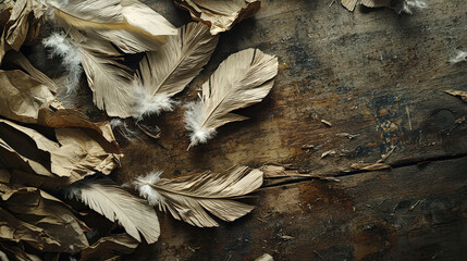 Crafted paper feathers scattered rustic wooden surface, showcasing blend of natural textures and earthy tones, evoke sense of creativity