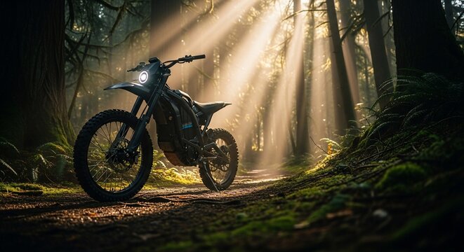 Electric motorcycle bathed in sunlight through trees on forest path serene outdoor adventure high quality professional