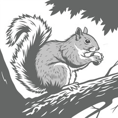 Obraz premium Grayscale illustration of a cute squirrel eating a nut on a tree branch.