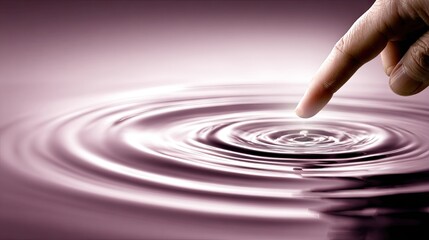 A fingertip touches water, creating ripples.  A serene, smooth surface of water, in a muted purplish hue, is disturbed by a fingertip.  Gentle, concentric ripples radiate outward