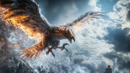 Fototapeta premium Dramatic scene of mythical creature soaring through sky, wings ablaze with fire, showcasing power and majesty
