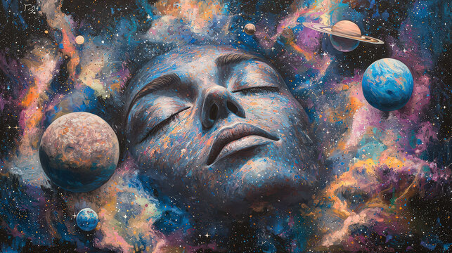 Dreamy cosmic face with nebula clouds swirling around, surrounded by planets and stars, evokes sense of wonder and tranquility