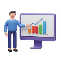 Fototapeta premium 3d cartoon man presenting a business growth chart isolated on transparent background
