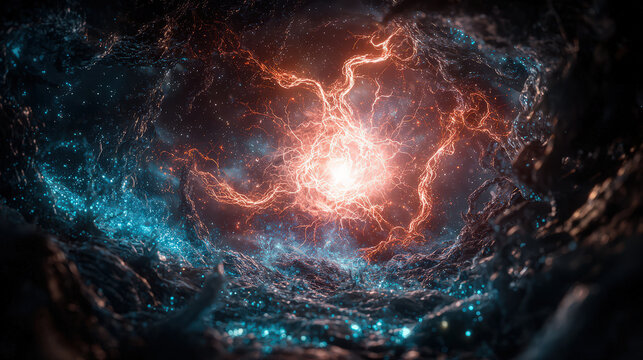 Vibrant cosmic scene depicting swirling energy and light, showcasing dynamic interplay of colors and textures in vast space