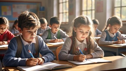 A classroom scene with children engaged in writing. Two young students, a boy with brown hair and a girl with long blonde hair, focus on their notebooks. Diverse classmates are present. - Powered by Adobe