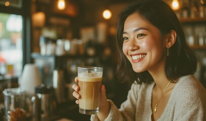 Happy young Asian woman smiling enjoying a refreshing iced latte in a vibrant coffee shop.