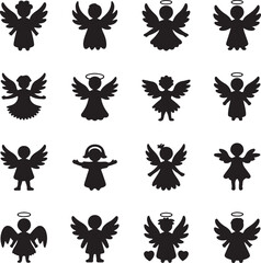 Angel silhouettes black flat, outline icons set.